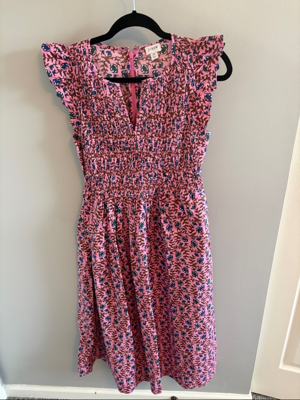 J. Crew Pink Floral Smocked Midi Dress